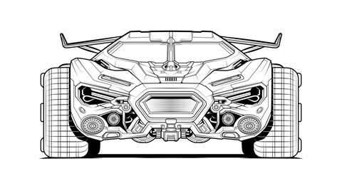 Futuristic high-tech sports car illustration with an aggressive front view. Detailed aerodynamic design, intricate mechanical elements. Perfect for sci-fi themes, modern automotive concept