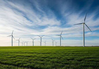Panoramic view of a vibrant green field adorned with towering wind turbines, symbolizing clean energy production and a sustainable future under a dynamic blue sky with soft white clouds