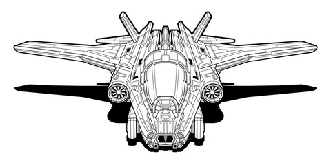 Futuristic jet fighter illustration, sleek aerodynamic design. Concept aircraft, advanced technology with detailed mechanical elements, sci-fi projects, aviation concepts. Isolated on white background