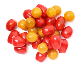 Heap of different ripe juicy tomatoes isolated on white, top view