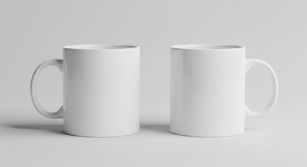 Fototapeta premium Two identical plain white ceramic coffee mugs standing side by side on a light background, ready for customization or branding.