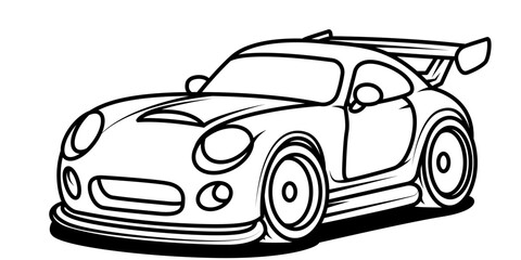 Stylized sports auto. Vehicle black contour illustration isolated on white background. Vector line art cartoon car, concept design.  Coloring page for books. Cower drawing. 