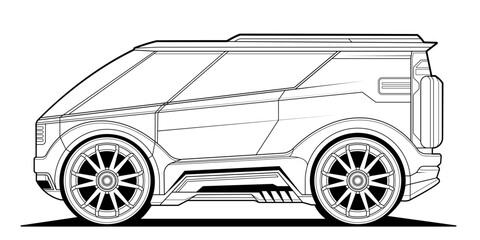 Futuristic concept car line art illustration, sleek angular design with large wheels, side profile, ideal for coloring, automotive enthusiasts, digital art enthusiasts. Isolated on white background