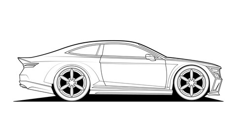 Dynamic black and white vector illustration of a sports car, embodying speed, power, and adrenaline. Perfect for automotive themes and racing enthusiasts. Capture the essence of speed in your design.