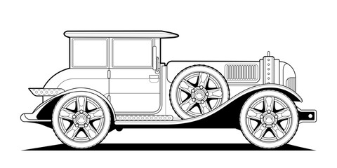 Vector classic car illustration coloring book page for adult drawing. Line art on paper, outlines vehicle. Graphic element. Wheel. Black contour sketch illustrate Isolated on white background.