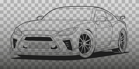 Adult coloring page for book and drawing. Vector illustration. High speed drive vehicle. Graphic element. Car front. Black contour sketch illustrate Isolated on transparent background.