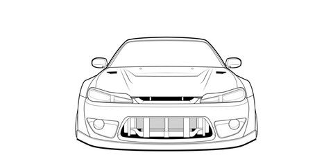 Vector coloring page illustration of a high-speed car. Black contour line art, isolated on a white background. Clean stroke outline without fill, perfect for books, drawing activities