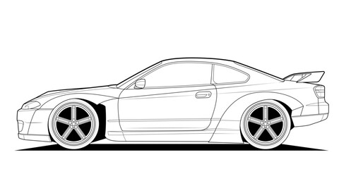 Vector coloring page illustration of a high-speed car. Black contour line art, isolated on a white background. Clean stroke outline without fill, perfect for books, drawing activities