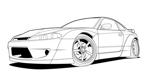Vector coloring page illustration of a high-speed car. Black contour line art, isolated on a white background. Clean stroke outline without fill, perfect for books, drawing activities