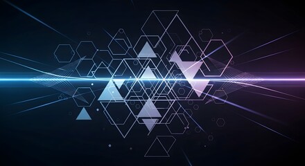 Abstract geometric shapes and light streaks on dark background.