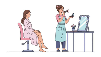 Professional makeup artist applying cosmetics to a seated client in a beauty salon setting