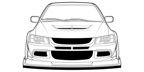 Vector coloring page illustration of a high-speed car. Black contour line art, isolated on a white background. Clean stroke outline without fill, perfect for books, drawing activities