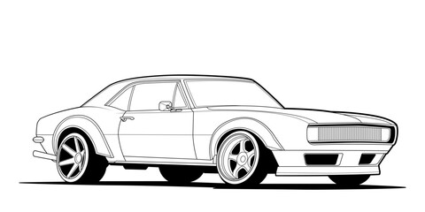 Vector coloring page illustration of a high-speed car. Black contour line art, isolated on a white background. Clean stroke outline without fill, perfect for books, drawing activities