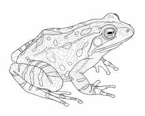 Detailed line drawing of a spotted frog on a white background