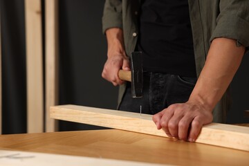 Man hammering nail into wooden plank indoors, closeup