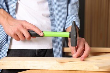 Man hammering nail into wooden plank indoors, closeup