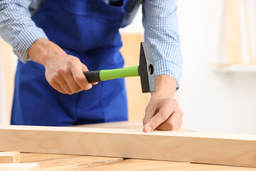 Professional repairman hammering nail into wooden plank indoors, closeup