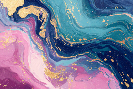 Abstract art swirls of pink blue and gold paint texture background - Powered by Adobe