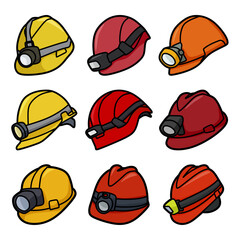 collection of mining helmets with headlamps illustration