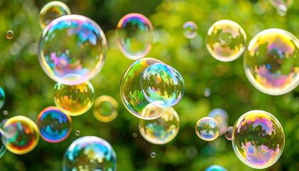 Colorful soap bubbles in green nature