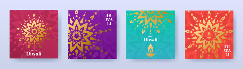 Happy Diwali. Indian festival of lights luxury design set in trendy geometric style with oil lamps and Indian ornaments and pattern. Holiday background for branding, card, banner, cover, poster, flyer