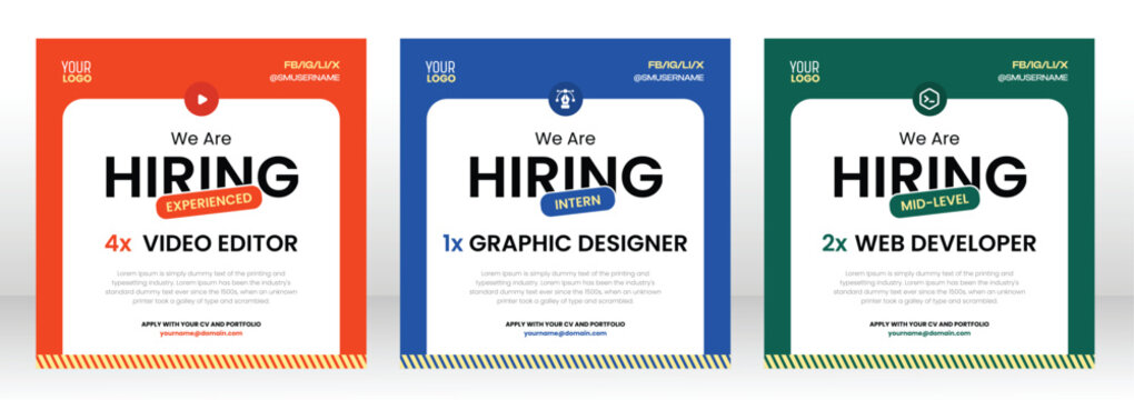 Hiring Video Editor, Graphic Designer, Web Developer, - Editable Social Media recruitment vector content bundle, modern, minimal, and corporate layout - Powered by Adobe