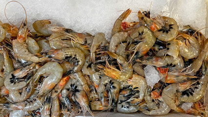 Close-up of fresh, raw shrimp displayed on ice at a fish market.