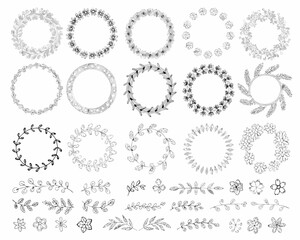 Collection of hand drawn floral wreaths and botanical elements