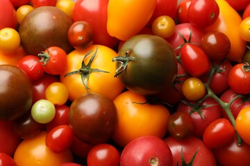 Different ripe juicy tomatoes as background, closeup