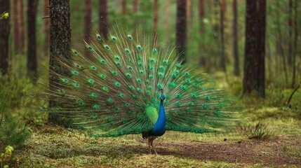Obraz premium Majestic peacock displaying vibrant feathers in a lush forest setting showcasing natural beauty colorful plumage and wildlife elegance in a stunning nature scene