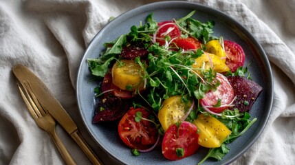 Vibrant salad preparation kitchen table food photography indoor close-up culinary delight