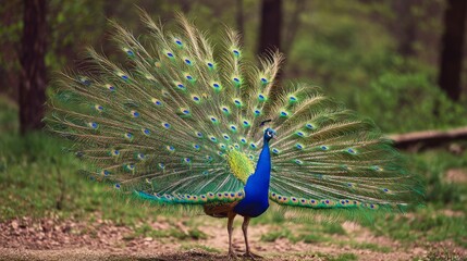 Stunning peacock displaying vibrant feathers and elegant tail fan in lush forest habitat with natural beauty and colorful plumage for wildlife photography and outdoor art