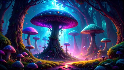 Magical glowing mushroom forest