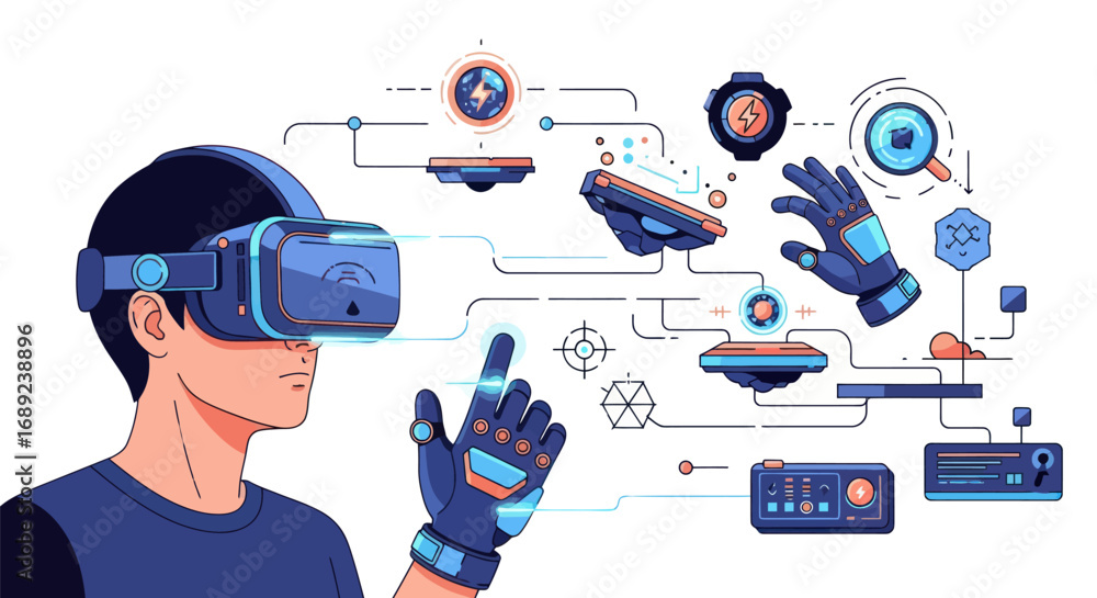 Poster man wearing vr headset interacting with virtual reality interface, futuristic technology.