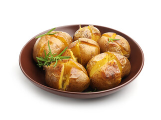 Tasty baked potatoes with rosemary isolated on white