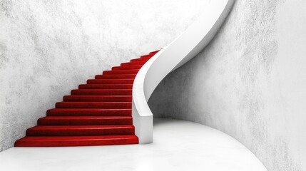 Elegant Spiral Staircase with Red Carpet and Modern White Textured Walls, Contemporary Interior Design