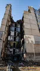 ruined street and destroyed houses in Kiev war in Ukraine