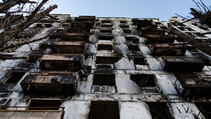 ruined street and destroyed houses in Kiev war in Ukraine