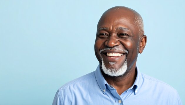 Smiling senior man against light blue backdrop