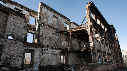 ruined street and destroyed houses in Kiev war in Ukraine