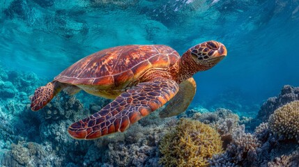 Obraz premium Vivid underwater scene featuring a marine turtle swimming gracefully over vibrant coral reef with diverse marine life and colorful aquatic environment