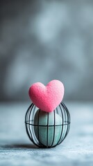 A Vibrant Pink Heart Rests Freely Atop a Caged, Muted Sphere