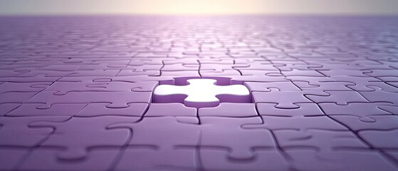 Bright Light from Missing Puzzle Piece on Expansive Purple Grid, Symbolizing Solution and Future.