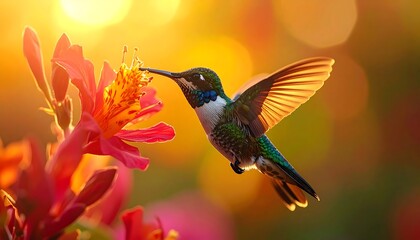 Fototapeta premium Hummingbird feeding on vibrant pink flower in tropical garden at sunset, creating a warm and magical atmosphere.