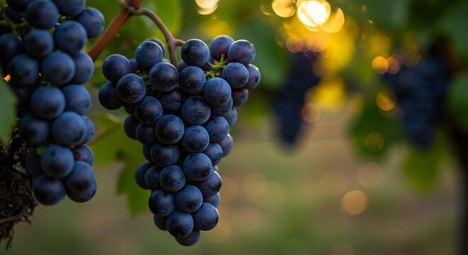 A bunch of grapes hanging from a vine with vineyard bokeh. - Powered by Adobe