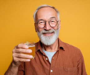 A senior man with a cheerful expression holds a glass of light-colored beverage against a bright, vibrant yellow background.