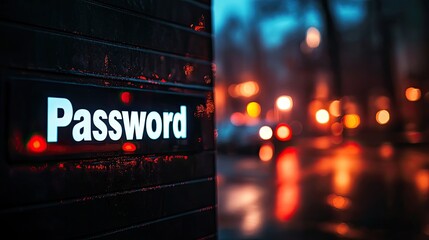 Password Sign Illuminated at Night with Blurred Urban Lights