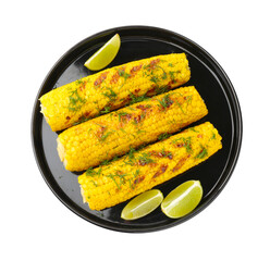 Tasty grilled corncobs with dill and lime slices isolated on white, top view