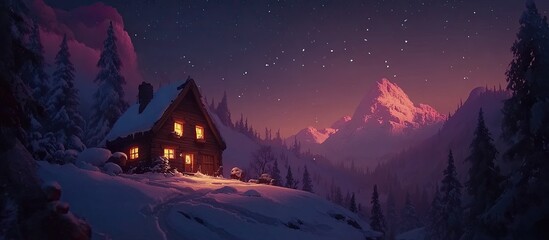 Cozy Winter Cabin Under Starry Night Sky in Snowy Mountain Landscape