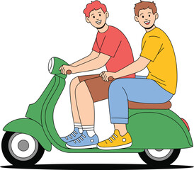 Two happy people riding a green scooter